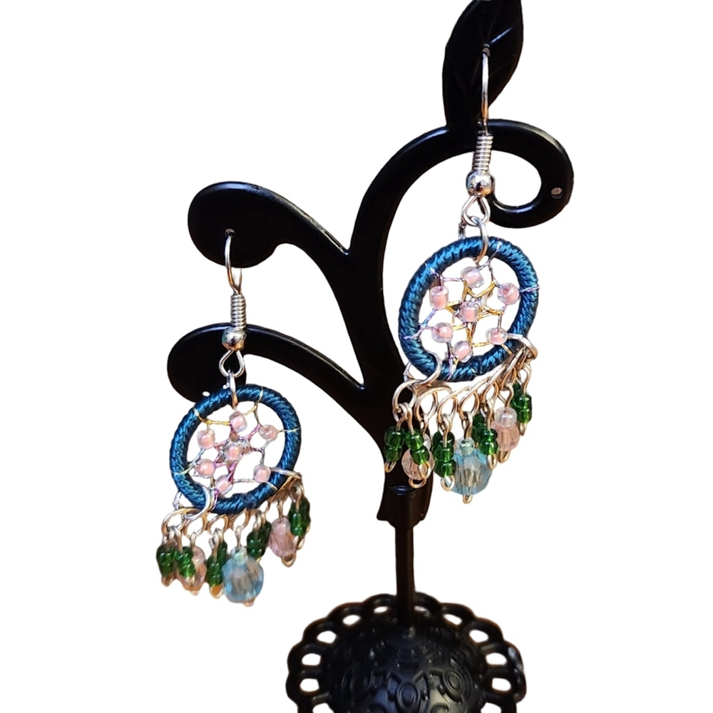 Spirit of Nature Dreamcatcher Earrings Blue Green Beaded